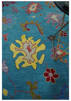 Traditional Blue and Camel Colorful Hand knotted Oushak 8.9x11.10 Wool Area Rug