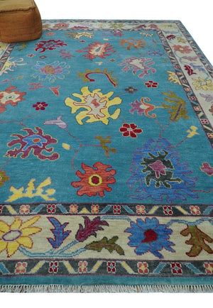 Traditional Blue and Camel Colorful Hand knotted Oushak 8.9x11.10 Wool Area Rug