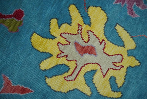 Traditional Blue and Camel Colorful Hand knotted Oushak 8.9x11.10 Wool Area Rug
