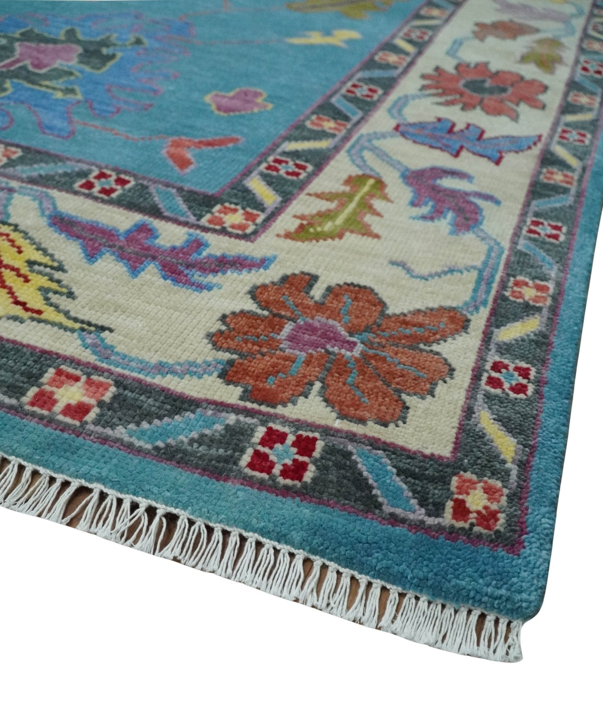 Traditional Blue and Camel Colorful Hand knotted Oushak 8.9x11.10 Wool Area Rug