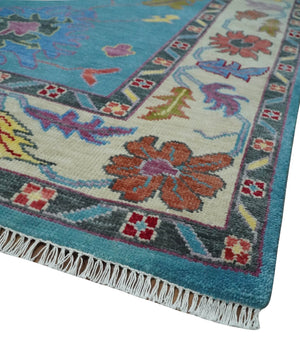 Traditional Blue and Camel Colorful Hand knotted Oushak 8.9x11.10 Wool Area Rug