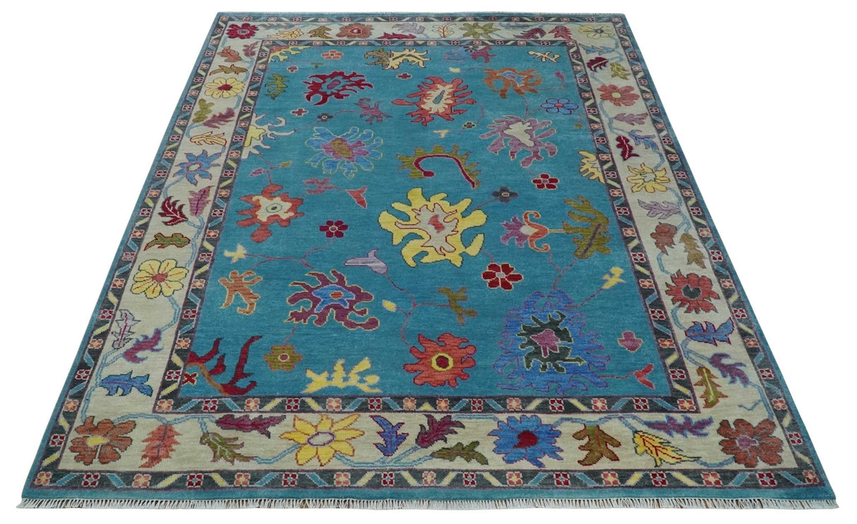 Traditional Blue and Camel Colorful Hand knotted Oushak 8.9x11.10 Wool Area Rug