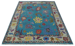 Traditional Blue and Camel Colorful Hand knotted Oushak 8.9x11.10 Wool Area Rug