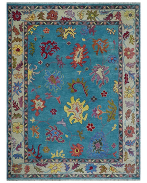 Traditional Blue and Camel Colorful Hand knotted Oushak Custom Made Wool Area Rug