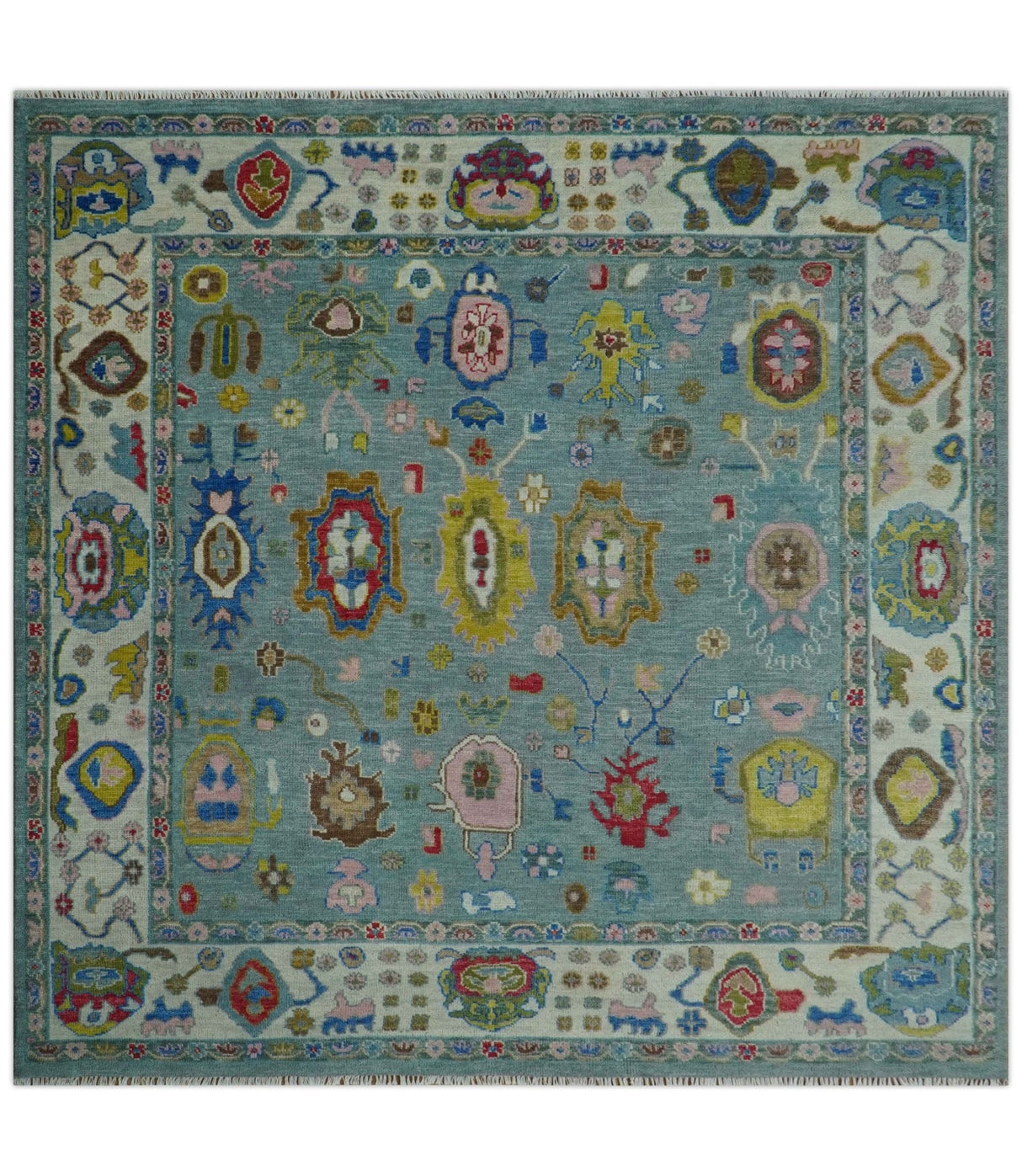 Traditional Blue and Ivory Vibrant Colorful Hand knotted Oushak Multi Size wool Area Rug