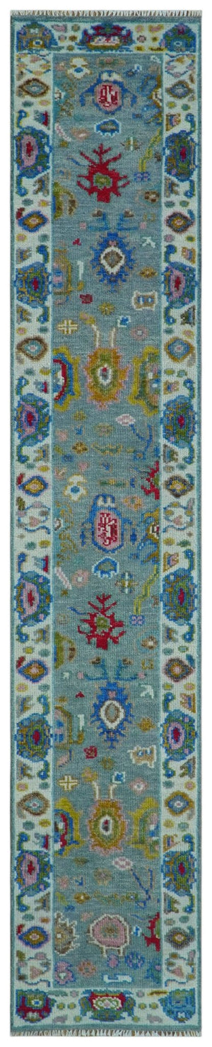Traditional Blue and Ivory Vibrant Colorful Hand knotted Oushak Multi Size wool Area Rug