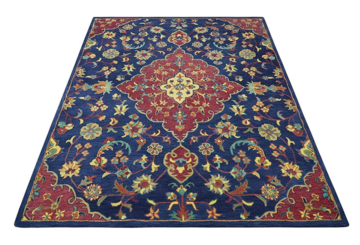 Traditional Blue and Red Hand Tufted Turkish Design Wool Area Rug