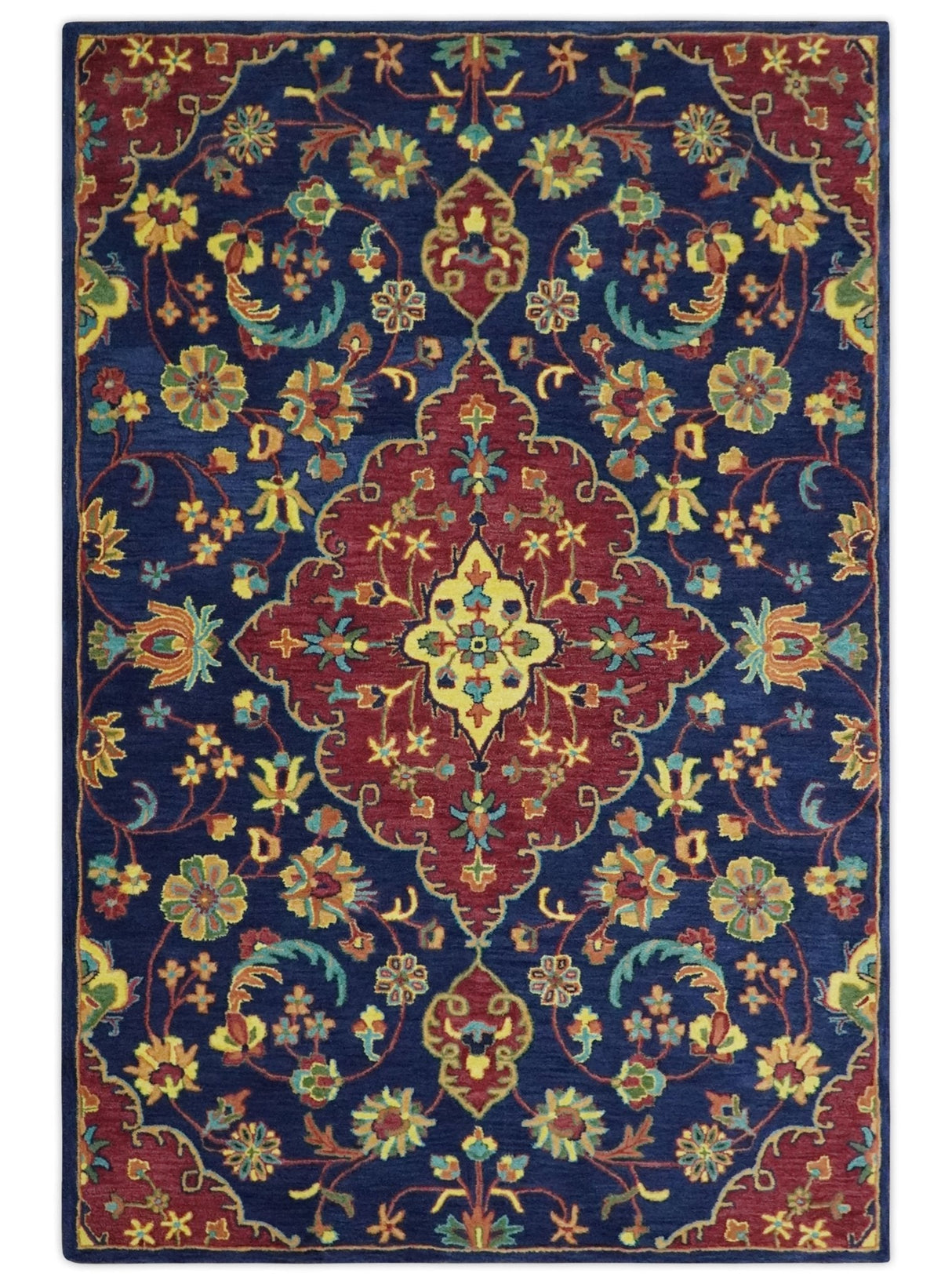 Traditional Blue and Red Hand Tufted Turkish Design Wool Area Rug