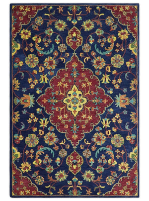 Traditional Blue and Red Hand Tufted Turkish Design Wool Area Rug