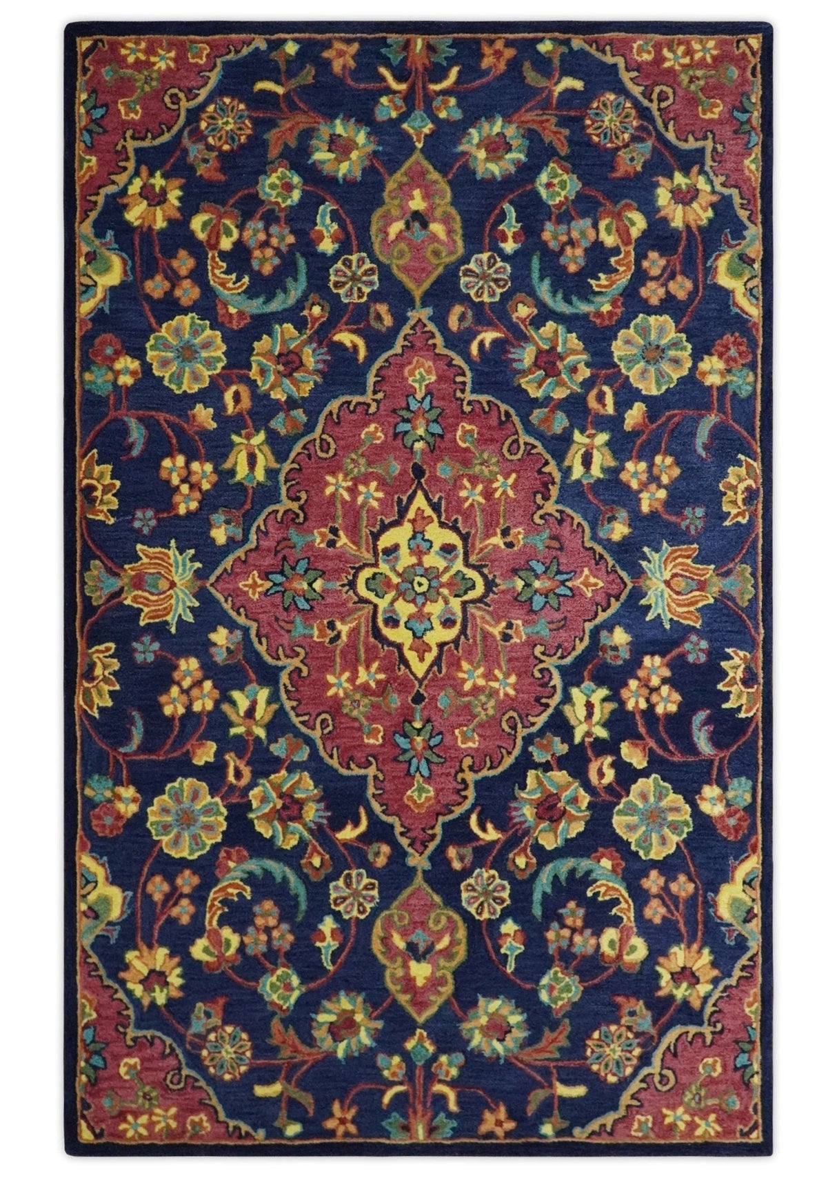 Traditional Blue and Red Hand Tufted Turkish Design Wool Area Rug