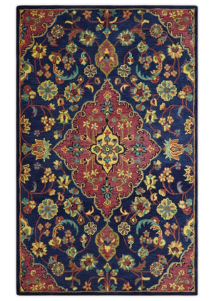 Traditional Blue and Red Hand Tufted Turkish Design Wool Area Rug
