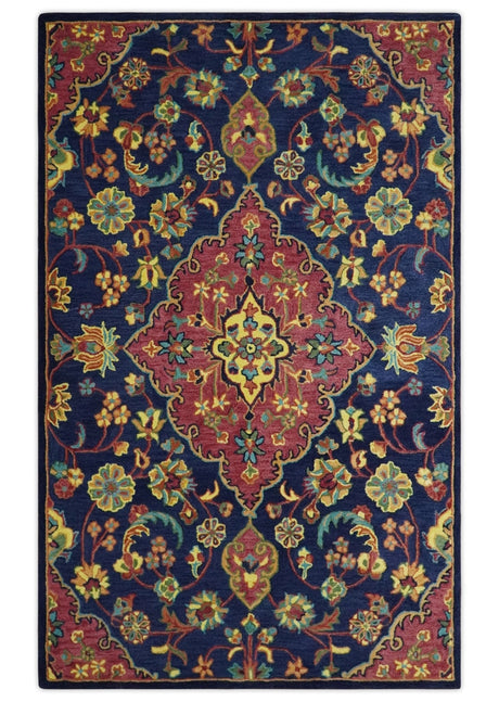 Traditional Blue and Red Hand Tufted Turkish Design Wool Area Rug