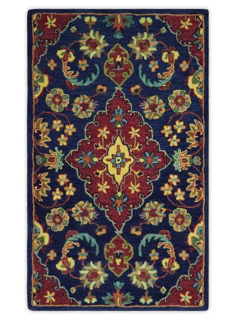 Traditional Blue and Red Hand Tufted Turkish Design Wool Area Rug