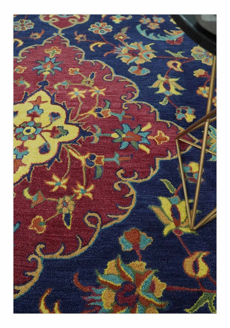 Traditional Blue and Red Hand Tufted Turkish Design Wool Area Rug