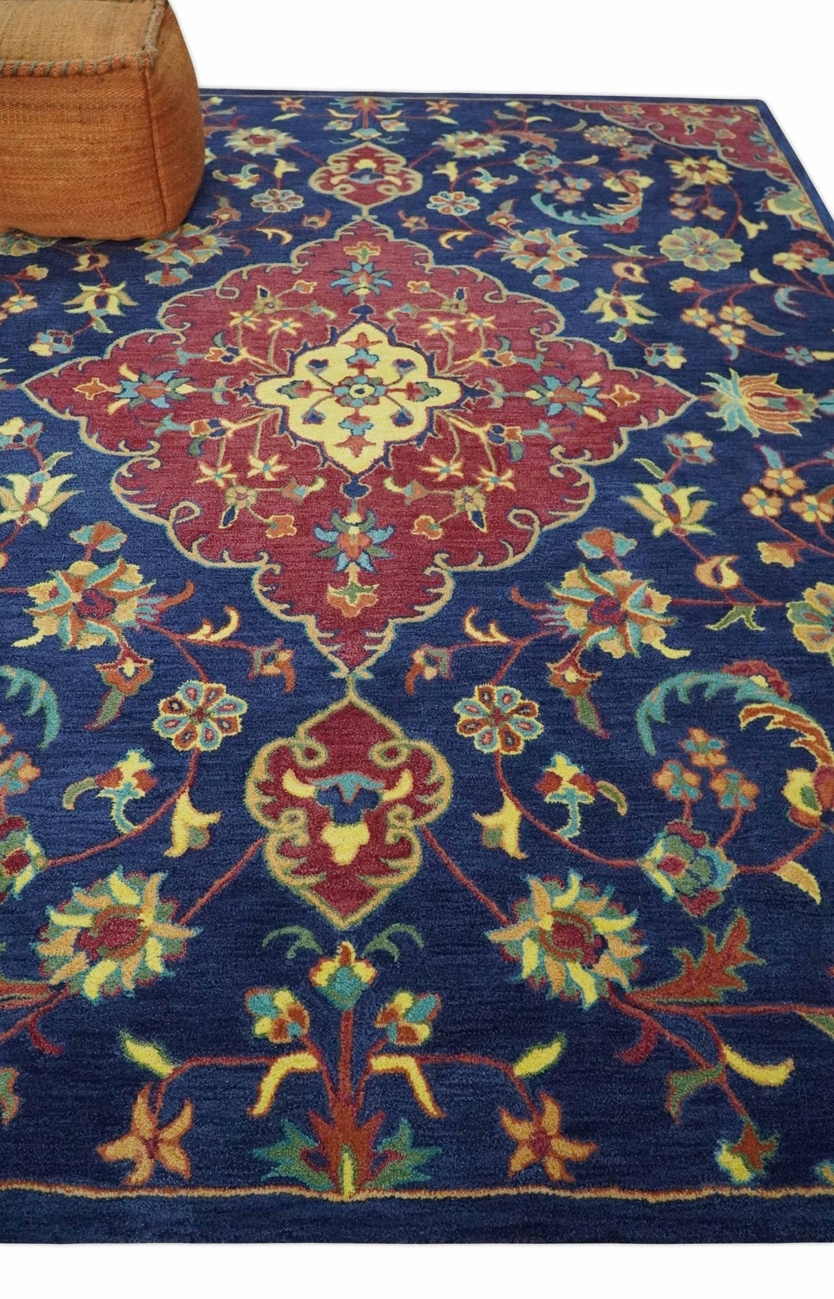 Traditional Blue and Red Hand Tufted Turkish Design Wool Area Rug