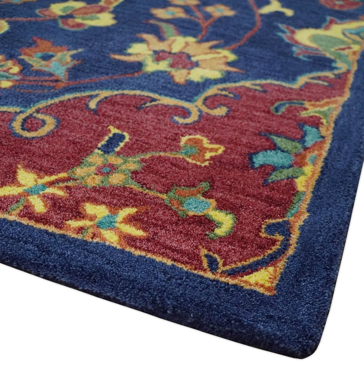 Traditional Blue and Red Hand Tufted Turkish Design Wool Area Rug