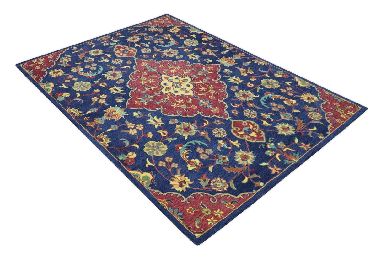 Traditional Blue and Red Hand Tufted Turkish Design Wool Area Rug