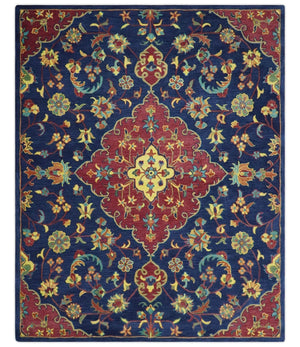 Traditional Blue and Red Hand Tufted Turkish Design Wool Area Rug