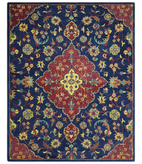 Traditional Blue and Red Hand Tufted Turkish Design Wool Area Rug