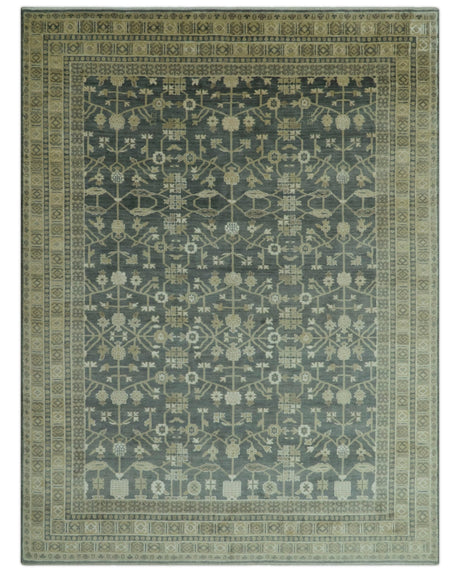 Traditional Design Charcoal And Beige 9x12 Hand Knotted Wool Area Rug