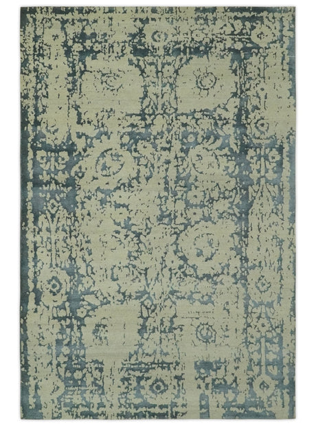 Traditional Design Charcoal and Beige 6x9 Hand Knotted wool area rug