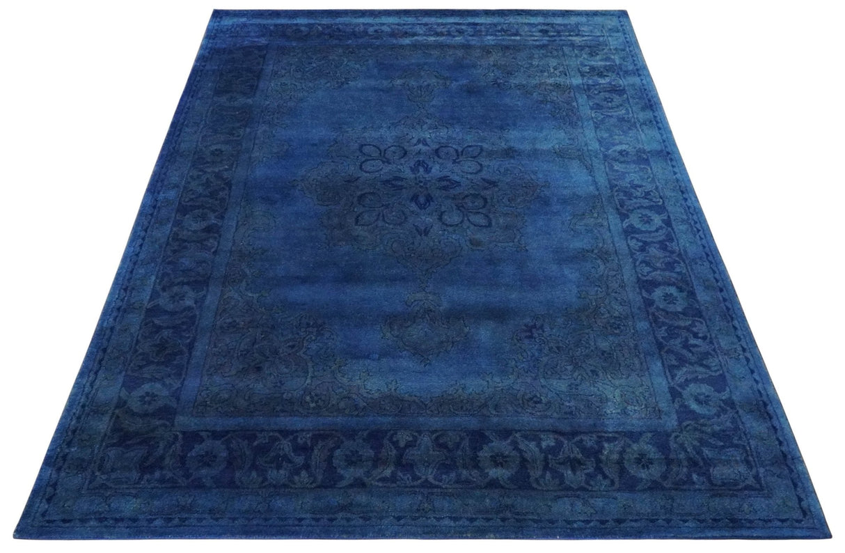 Traditional Design Overdyed Blue Hand Tufted Wool Area Rug