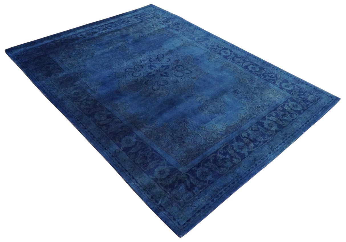 Traditional Design Overdyed Blue Hand Tufted Wool Area Rug