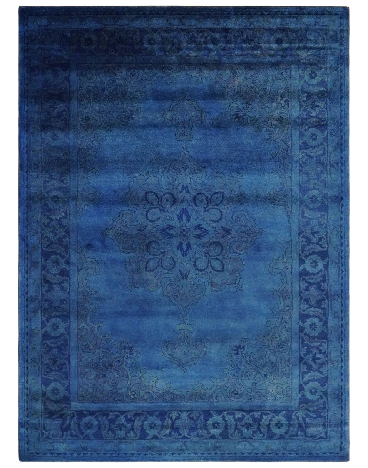 Traditional Design Overdyed Blue Hand Tufted Wool Area Rug
