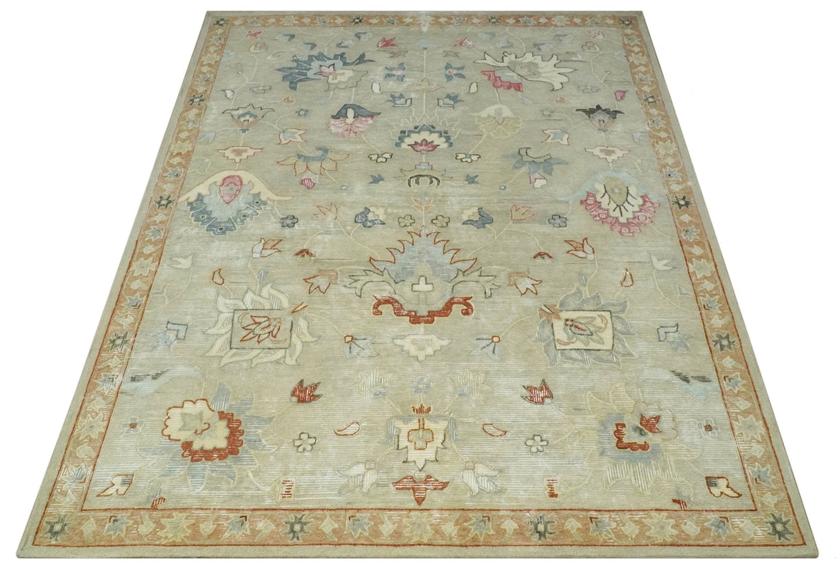Traditional Floral 8x10 Beige Hand Tufted Oriental distressed wool area rug