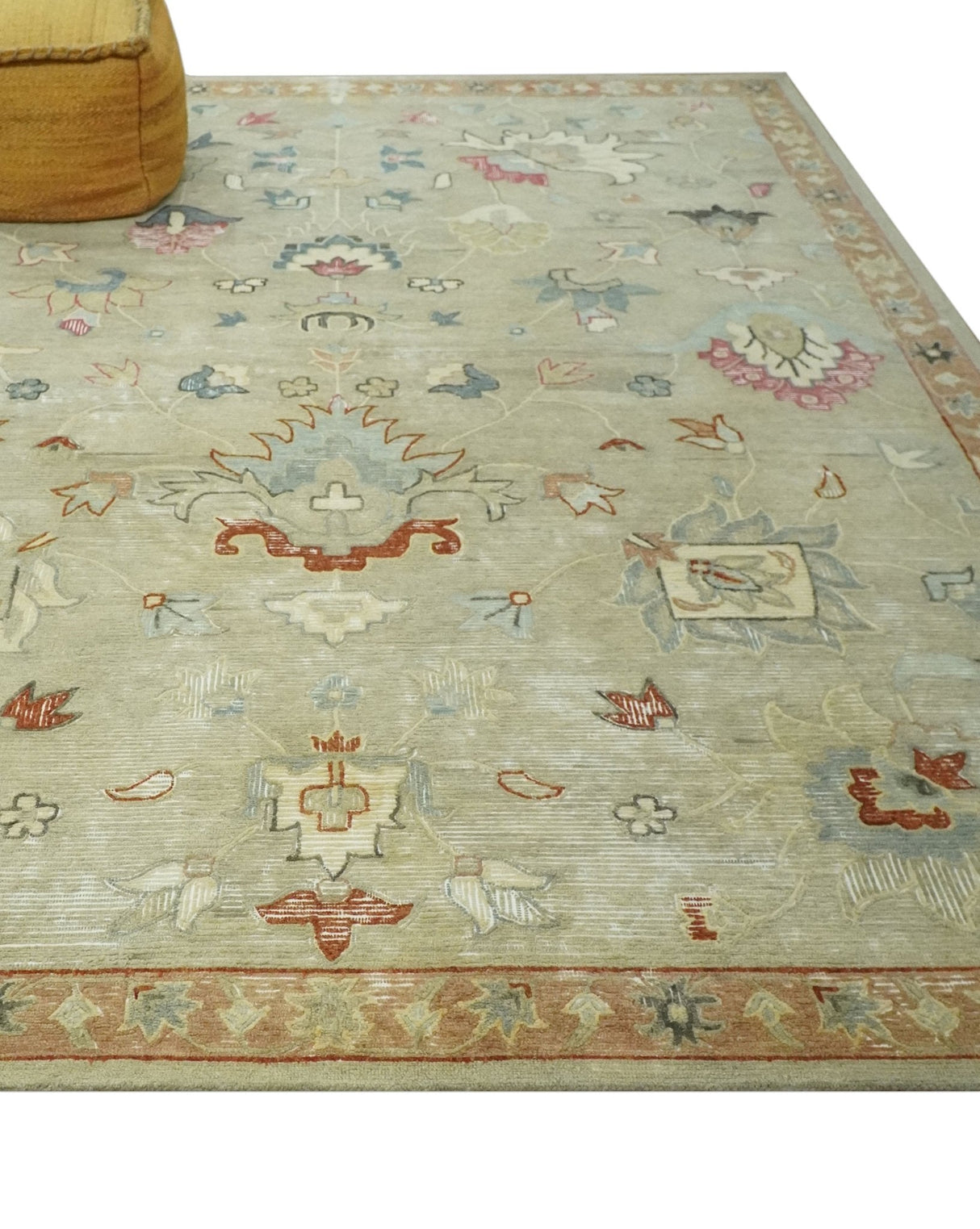 Traditional Floral 8x10 Beige Hand Tufted Oriental distressed wool area rug