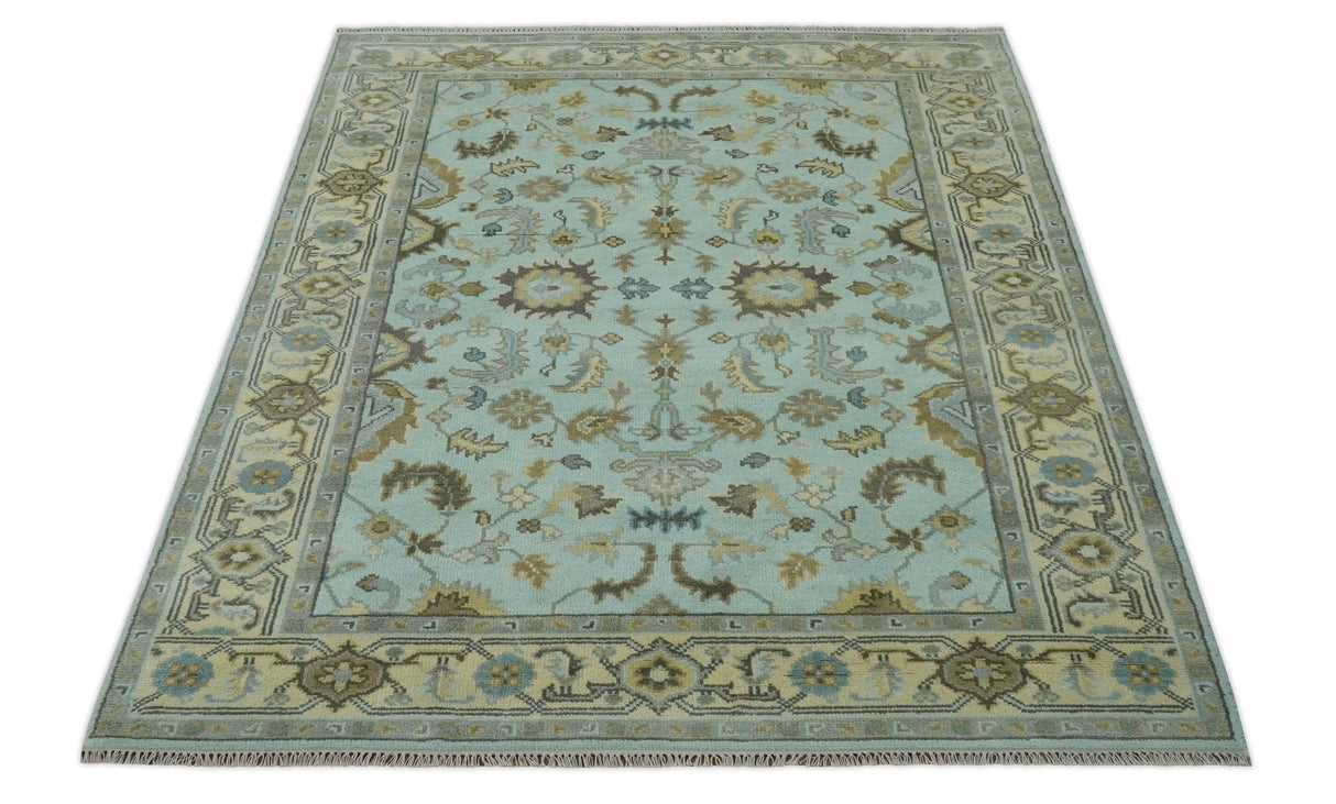 Traditional Floral Aqua, Beige and Taupe Hand Knotted 6x9 wool area rug