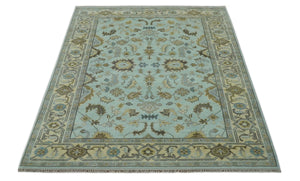 Traditional Floral Aqua, Beige and Taupe Hand Knotted 6x9 wool area rug
