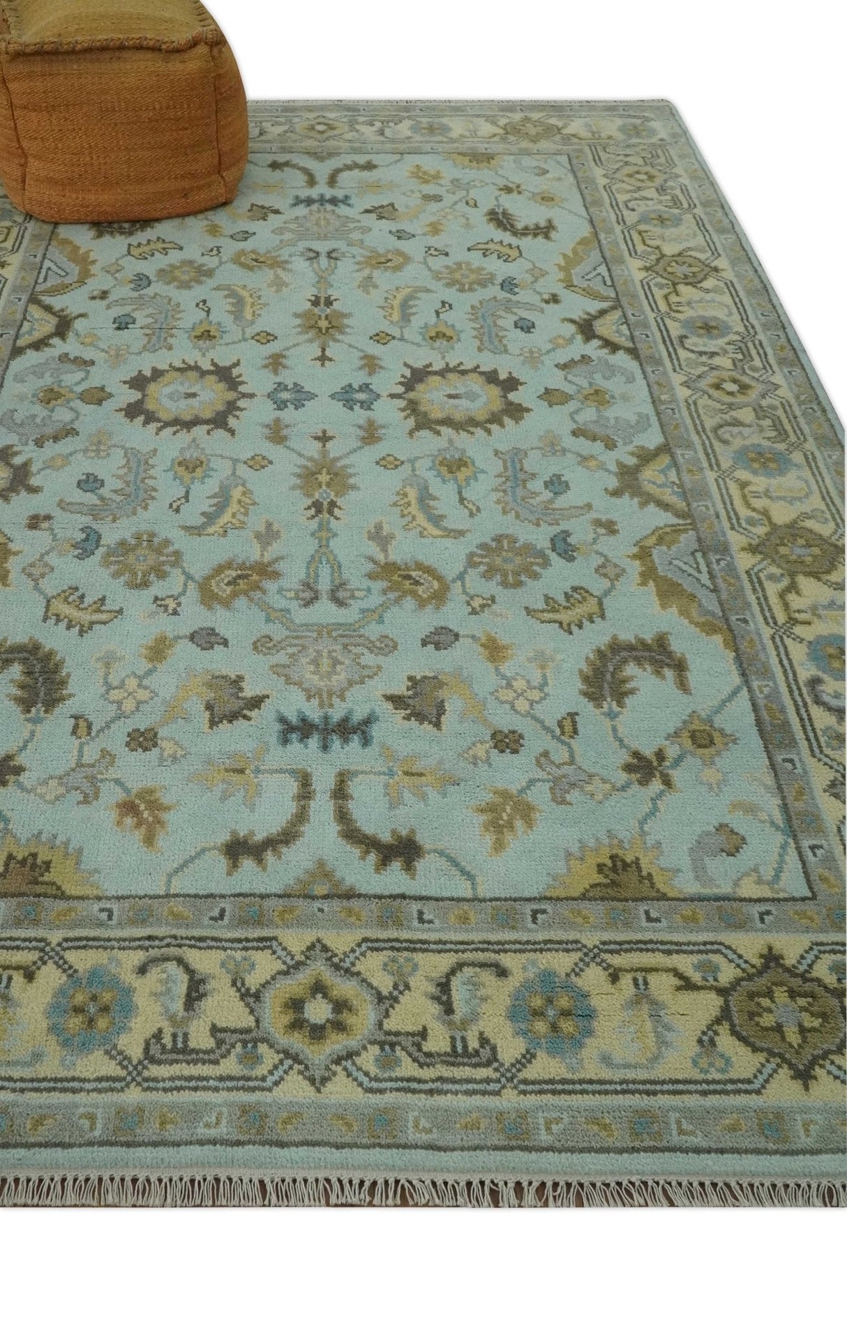Traditional Floral Aqua, Beige and Taupe Hand Knotted 6x9 wool area rug