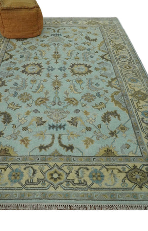 Traditional Floral Aqua, Beige and Taupe Hand Knotted 6x9 wool area rug