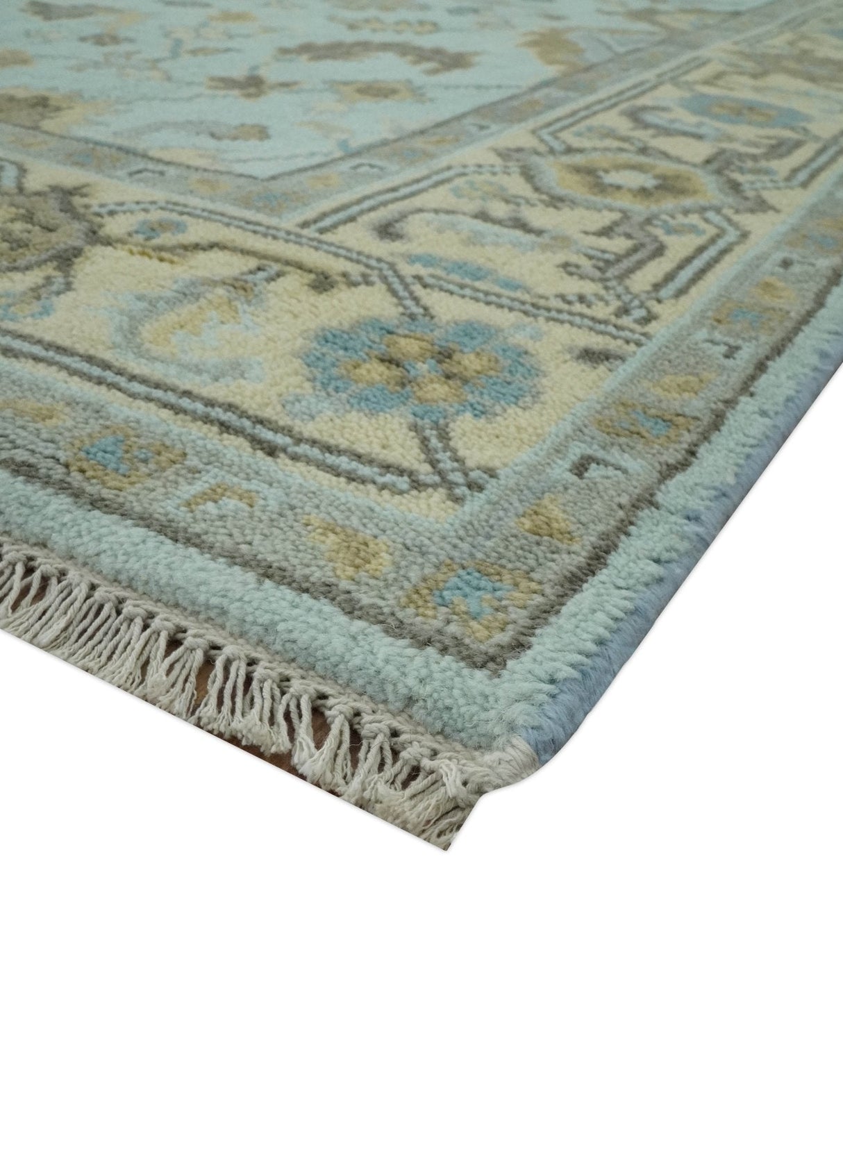 Traditional Floral Aqua, Beige and Taupe Hand Knotted 6x9 wool area rug