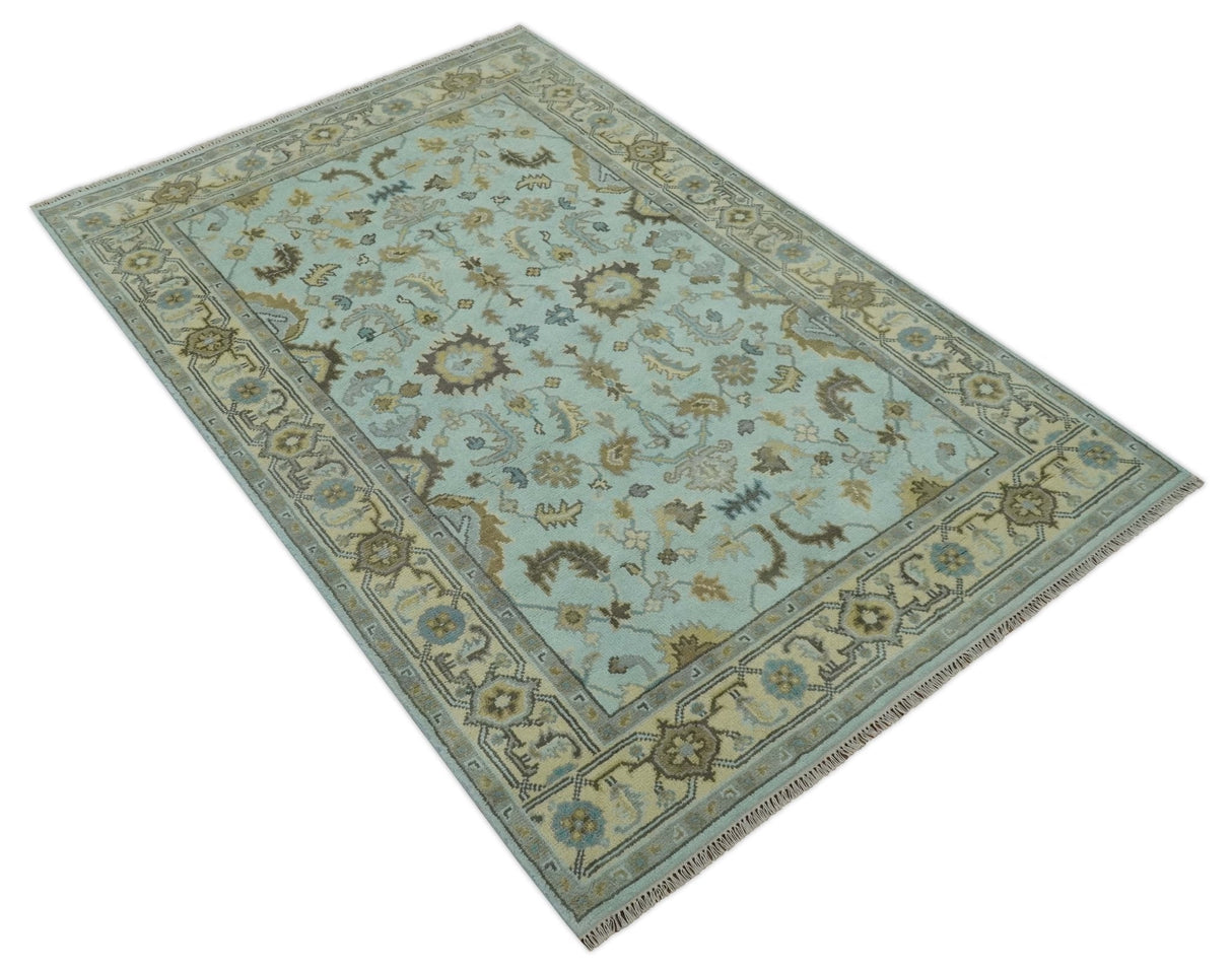 Traditional Floral Aqua, Beige and Taupe Hand Knotted 6x9 wool area rug