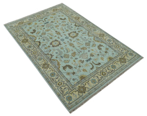 Traditional Floral Aqua, Beige and Taupe Hand Knotted 6x9 wool area rug