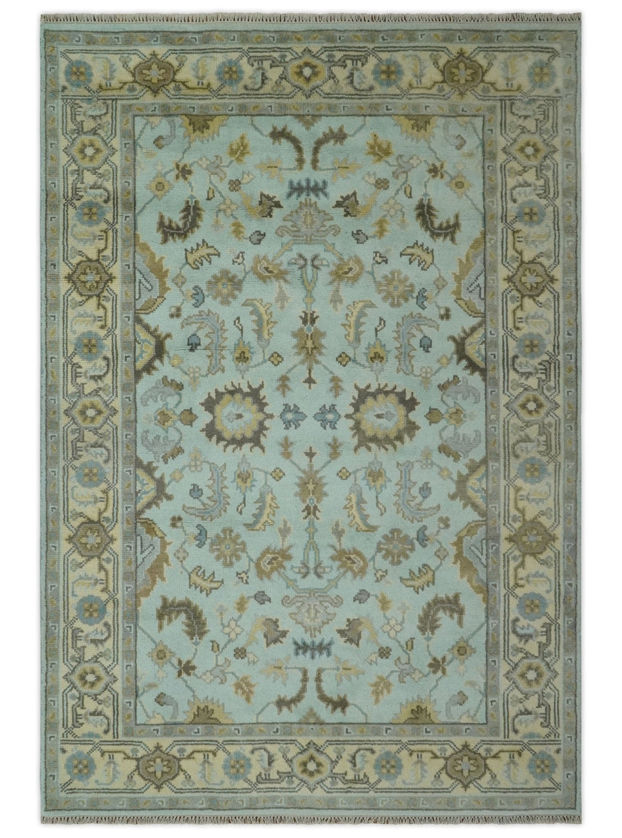 Traditional Floral Aqua, Beige and Taupe Hand Knotted 6x9 wool area rug