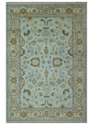 Traditional Floral Aqua, Beige and Taupe Hand Knotted 6x9 wool area rug