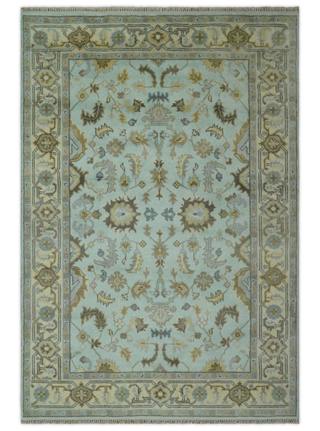 Traditional Floral Aqua, Beige and Taupe Hand Knotted 6x9 wool area rug