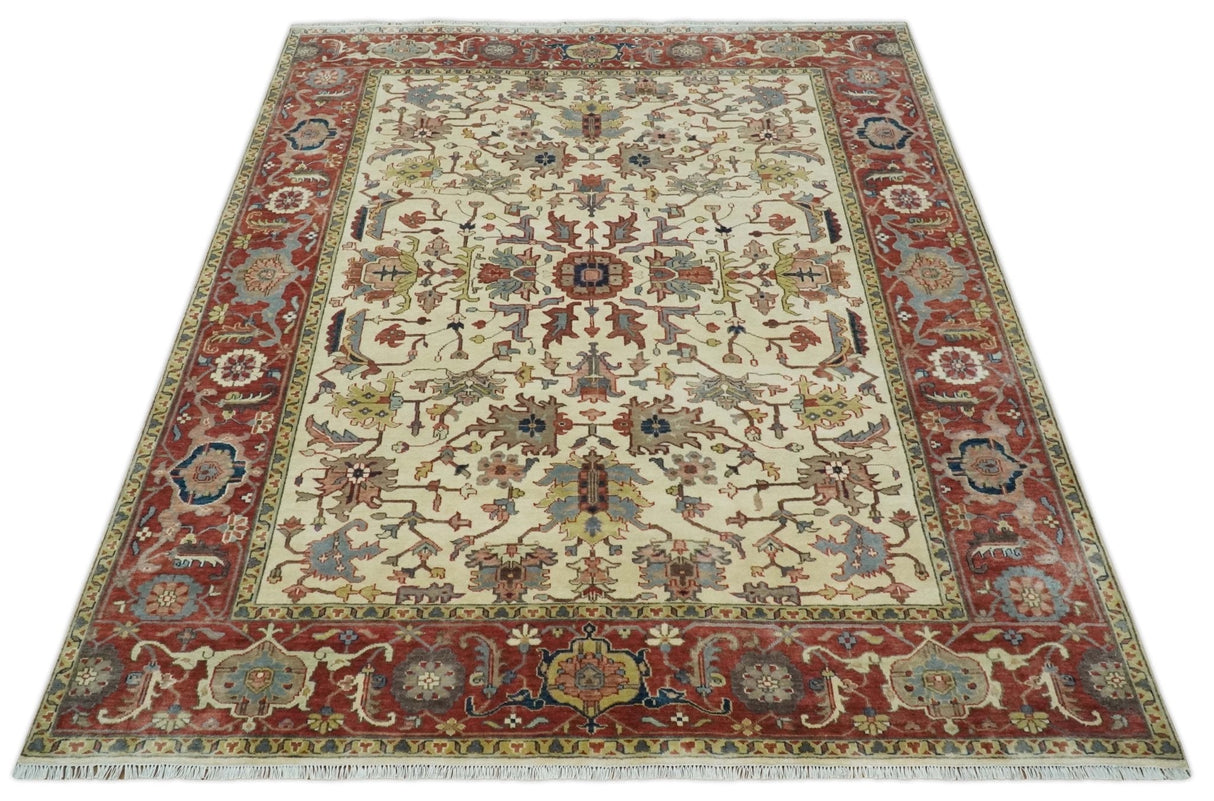 Traditional Floral Beige and Brown Vintage Style Hand knotted 8x10 wool Area Rug