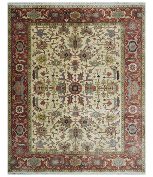 Traditional Floral Beige and Brown Vintage Style Hand knotted 8x10 wool Area Rug