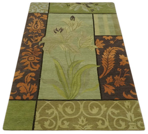 Traditional Floral Block Design Green, Brown and Rust Hand knotted 5x8 Indoor wool Area Rug