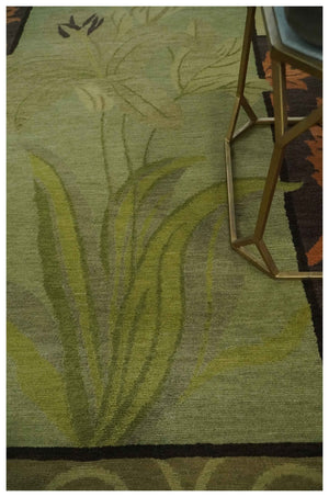 Traditional Floral Block Design Green, Brown and Rust Hand knotted 5x8 Indoor wool Area Rug