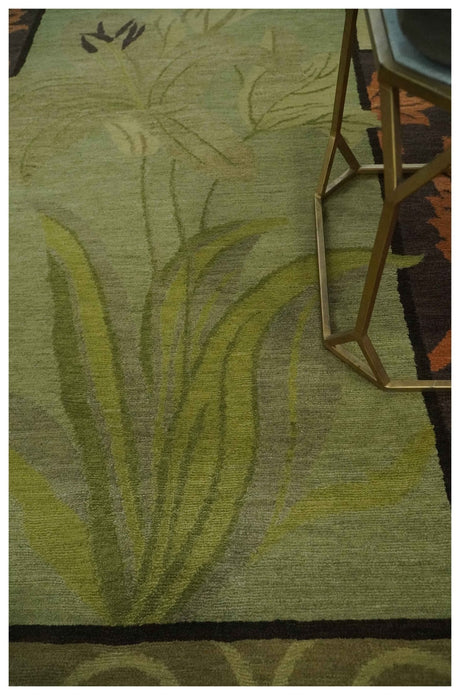 Traditional Floral Block Design Green, Brown and Rust Hand knotted 5x8 Indoor wool Area Rug