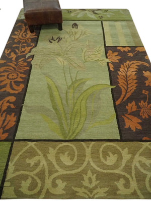 Traditional Floral Block Design Green, Brown and Rust Hand knotted 5x8 Indoor wool Area Rug