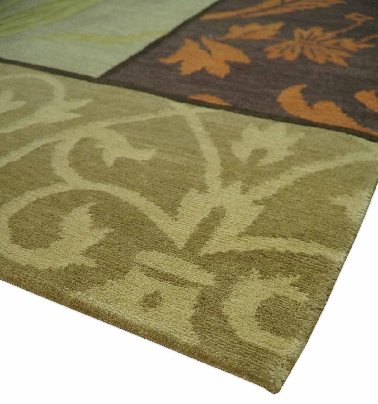 Traditional Floral Block Design Green, Brown and Rust Hand knotted 5x8 Indoor wool Area Rug