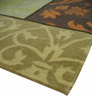 Traditional Floral Block Design Green, Brown and Rust Hand knotted 5x8 Indoor wool Area Rug