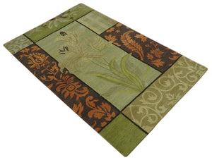 Traditional Floral Block Design Green, Brown and Rust Hand knotted 5x8 Indoor wool Area Rug