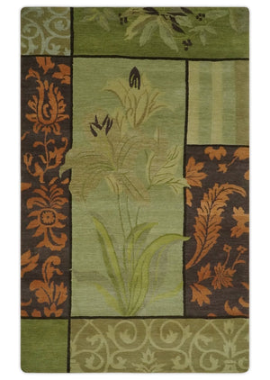 Traditional Floral Block Design Green, Brown and Rust Hand knotted 5x8 Indoor wool Area Rug